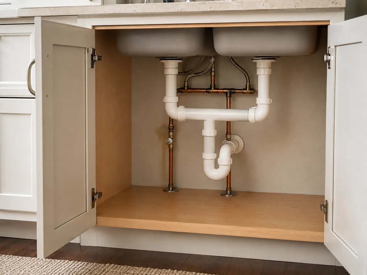 Plumbing connections in a cabinet where a hidden leak could develop