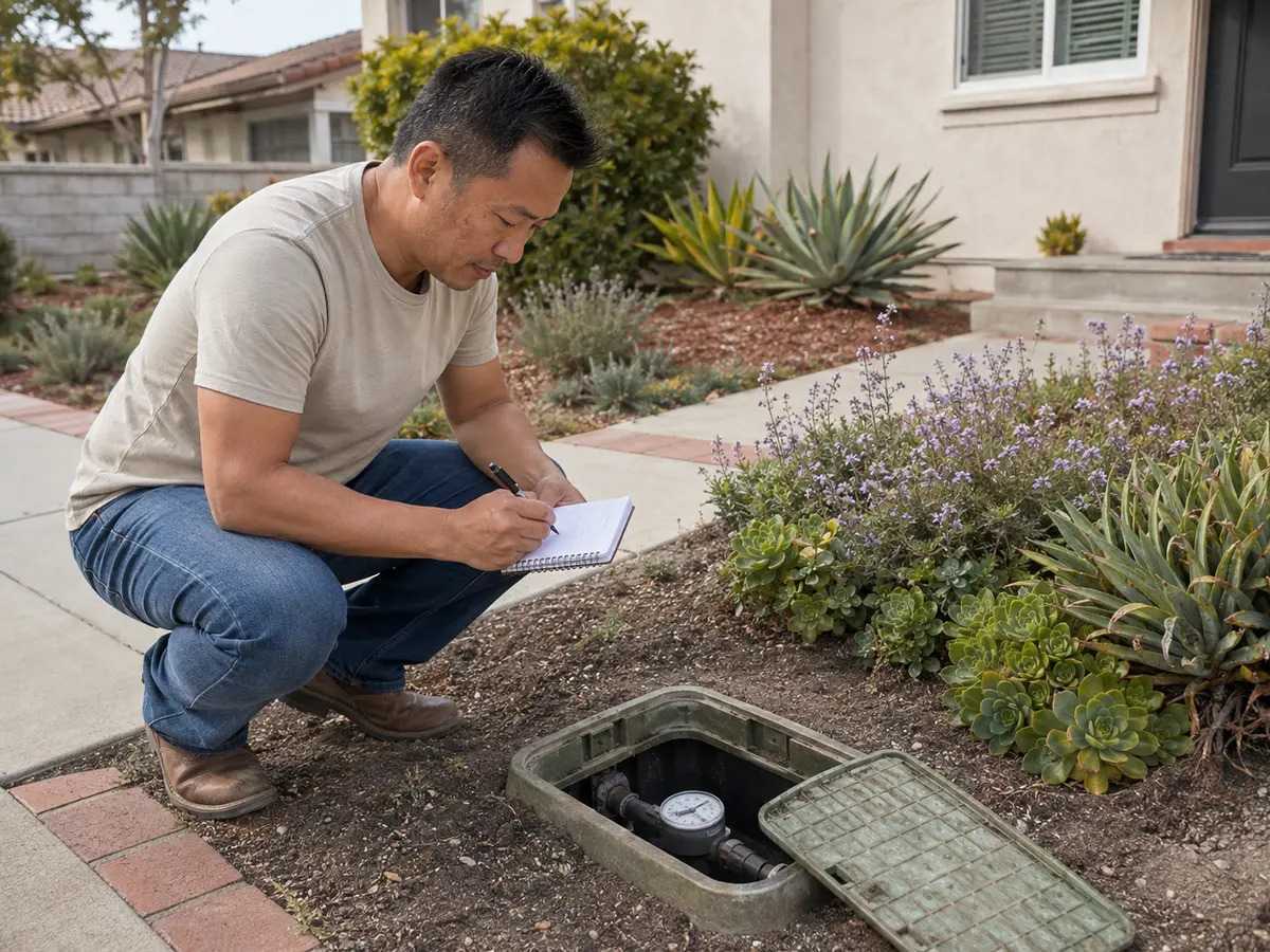 Homeowner checking a residential water meter for unusual water use