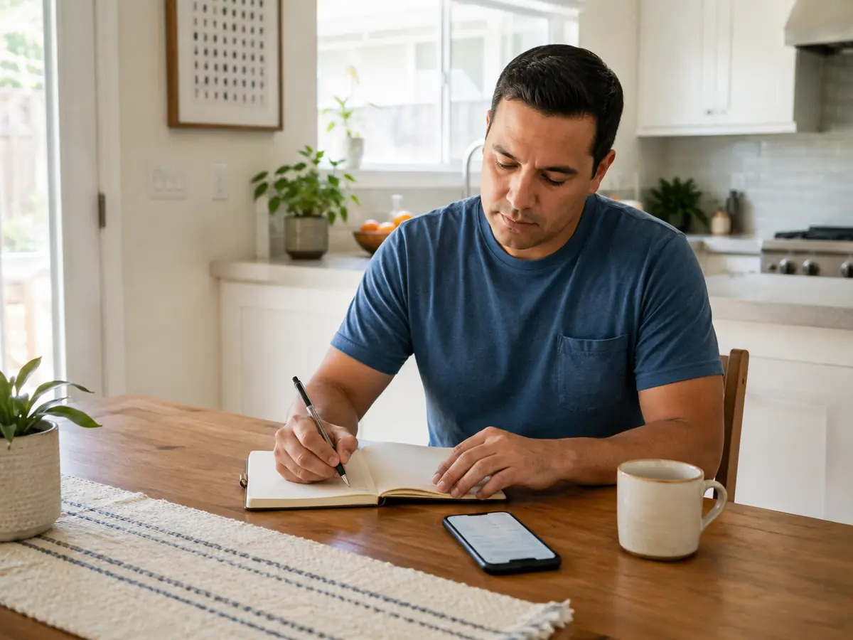Homeowner writing down water meter readings and notes before submitting a request