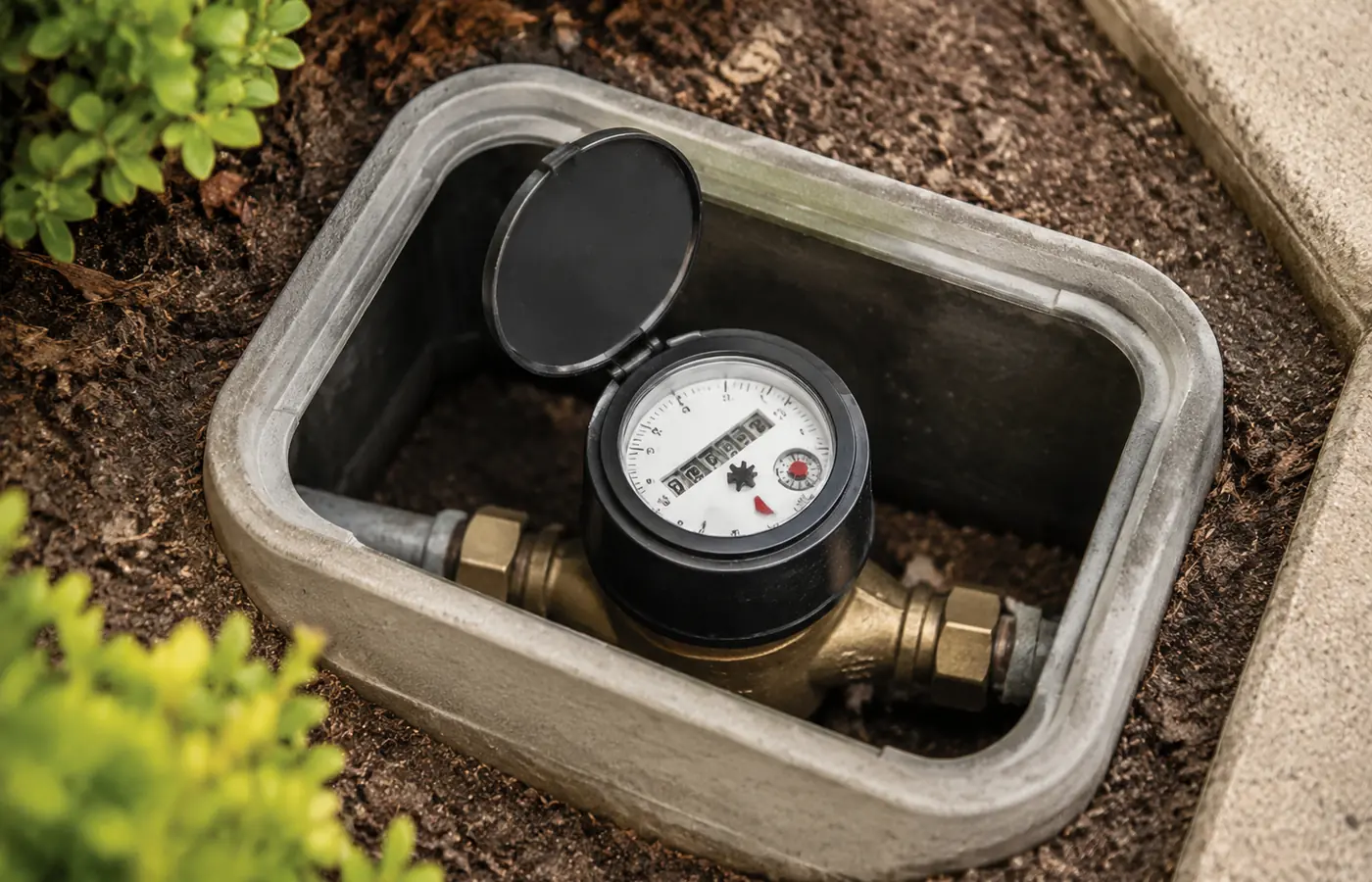 Residential water meter dial and leak indicator inside an open meter box