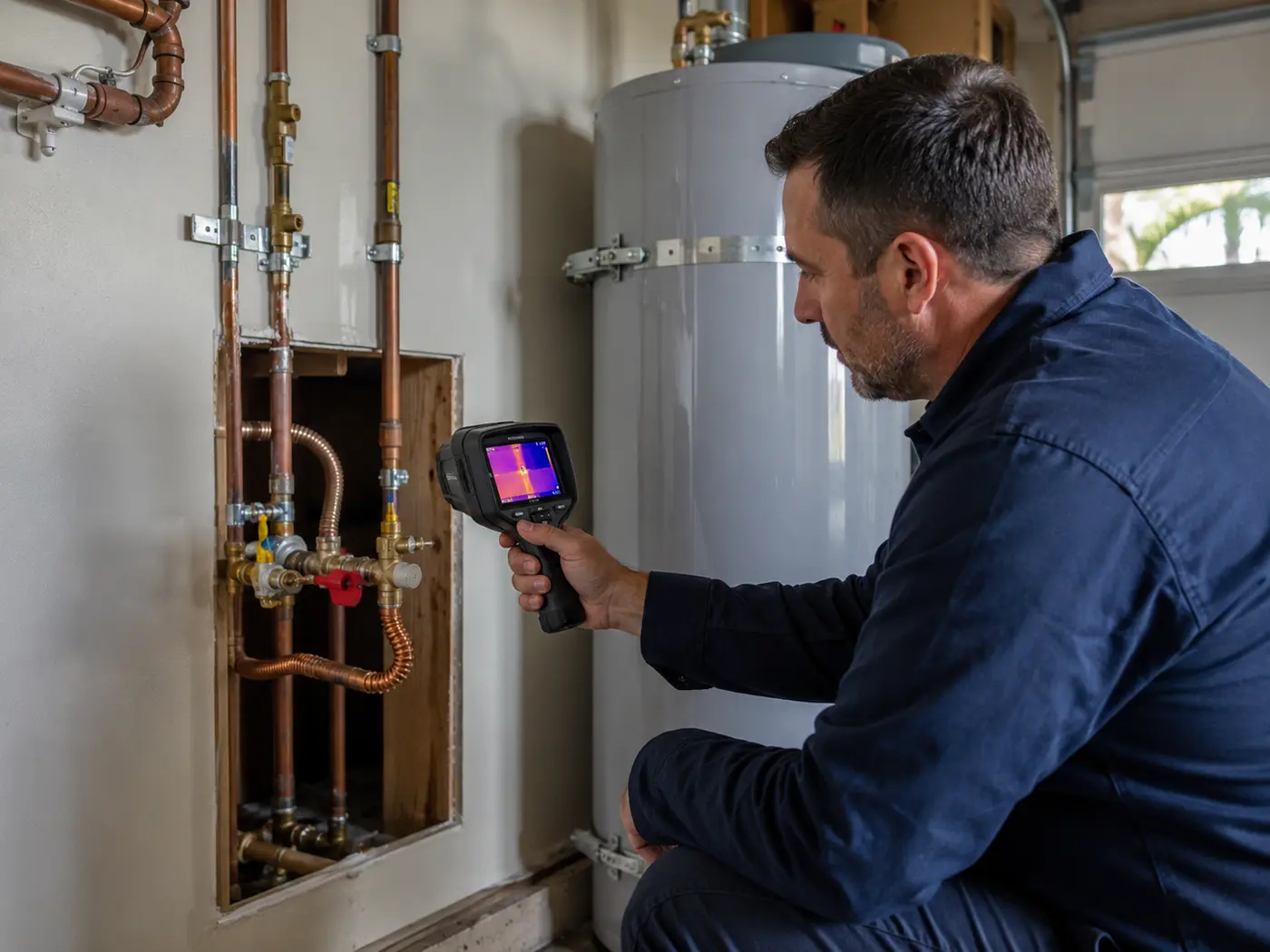 Technician using leak detection equipment near residential plumbing