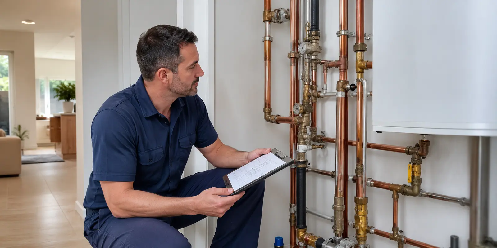 Technician reviewing a residential pipe repair plan