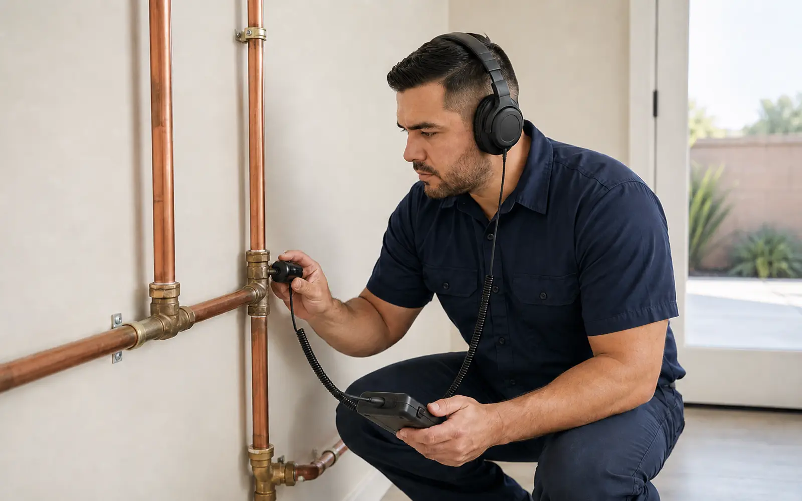 Technician using listening equipment to check for a hidden water leak