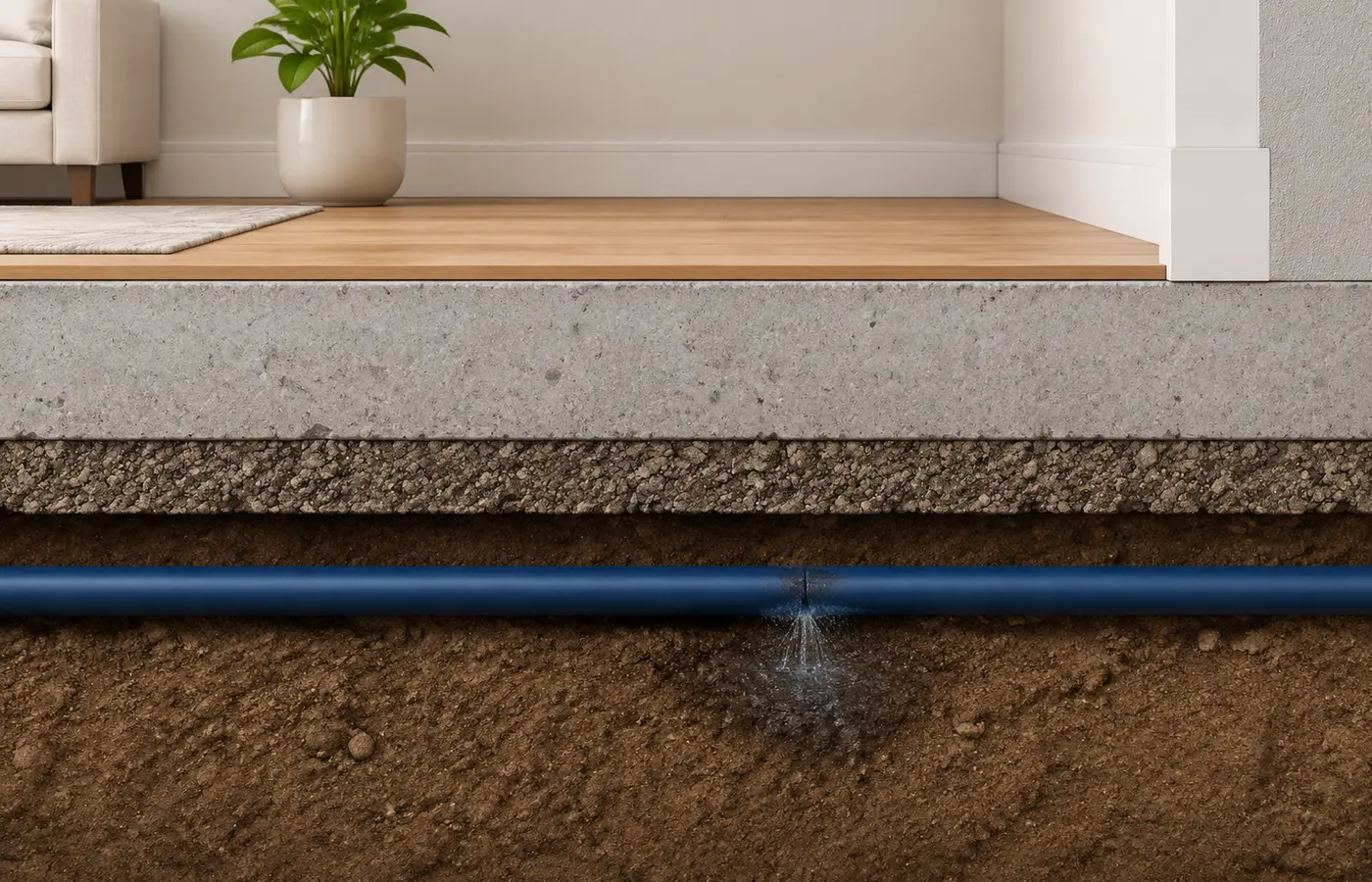 Illustration of a water line running beneath a residential concrete slab